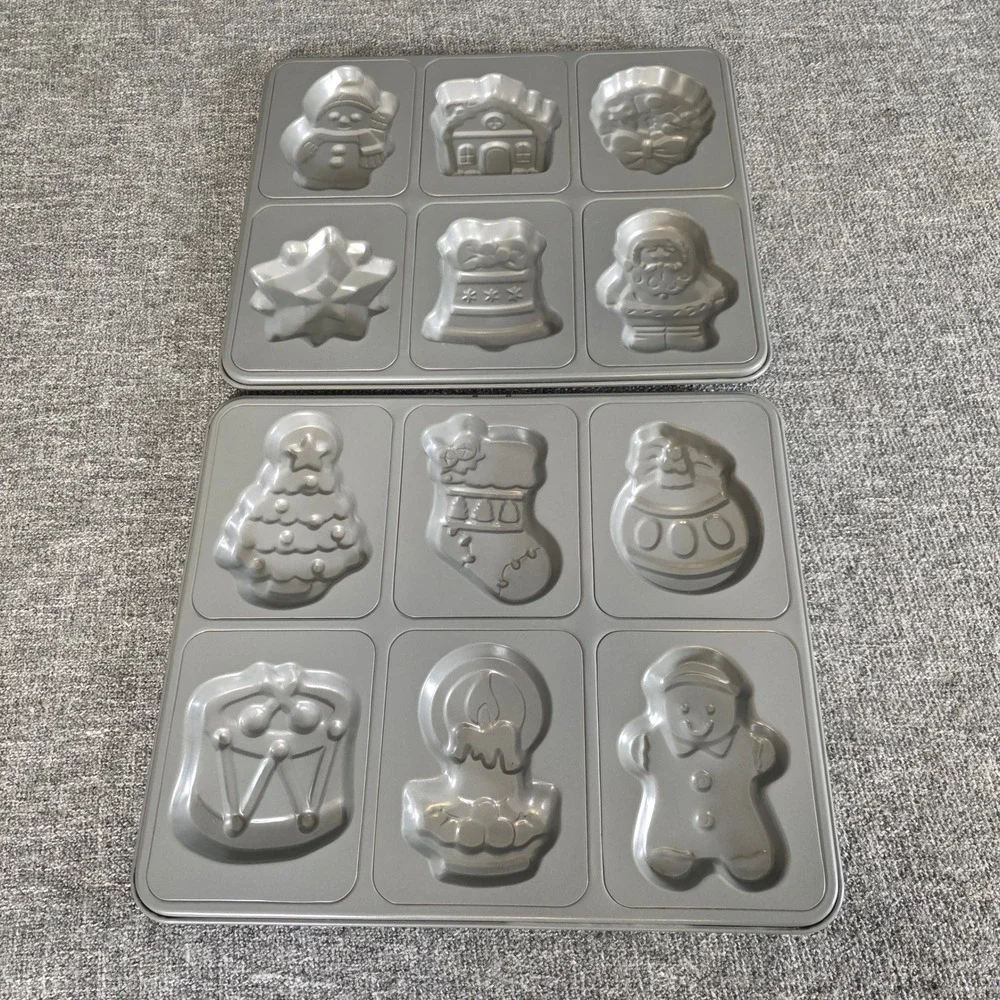 Christmas Holiday Non-Stick Baking Pans Set of 2 Festive 12-Cavity Molds Gray